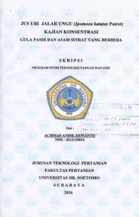 Image of JUS UBI JALAR UNGU (Ipomoea batatas Poiret) KAJIAN KONSENTRASI GULA PASIR DAN ASAM SITRAT YANG BERBEDA