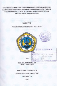 Image of EFEKTIFITAS PENAMBAHAN PROBIOTIK MENGANDUNG LACTOBACILLUS CASEI DENGAN DOSIS BERBEDA PADA PAKAN TERHADAP PERTUMBUHAN DAN KELULUSHIDUPAN IKAN GABUS (CHANNA STRIATA)