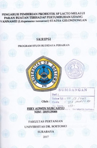 Image of PENGARUH PEMBERIAN PROBIOTIK SP LACTO MELALUI PAKAN BUATAN TERHADAP PERTUMBUHAN UDANG VANNAMEI STADIA GELONDONGAN