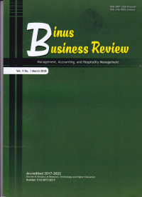 Image of BINUS BUSINESS REVIEW : MANAGEMENT, ACCOUNTING, AND HOSPITALITY MANAGEMENT, VOL.9 , NO.1 MARCH 2018
